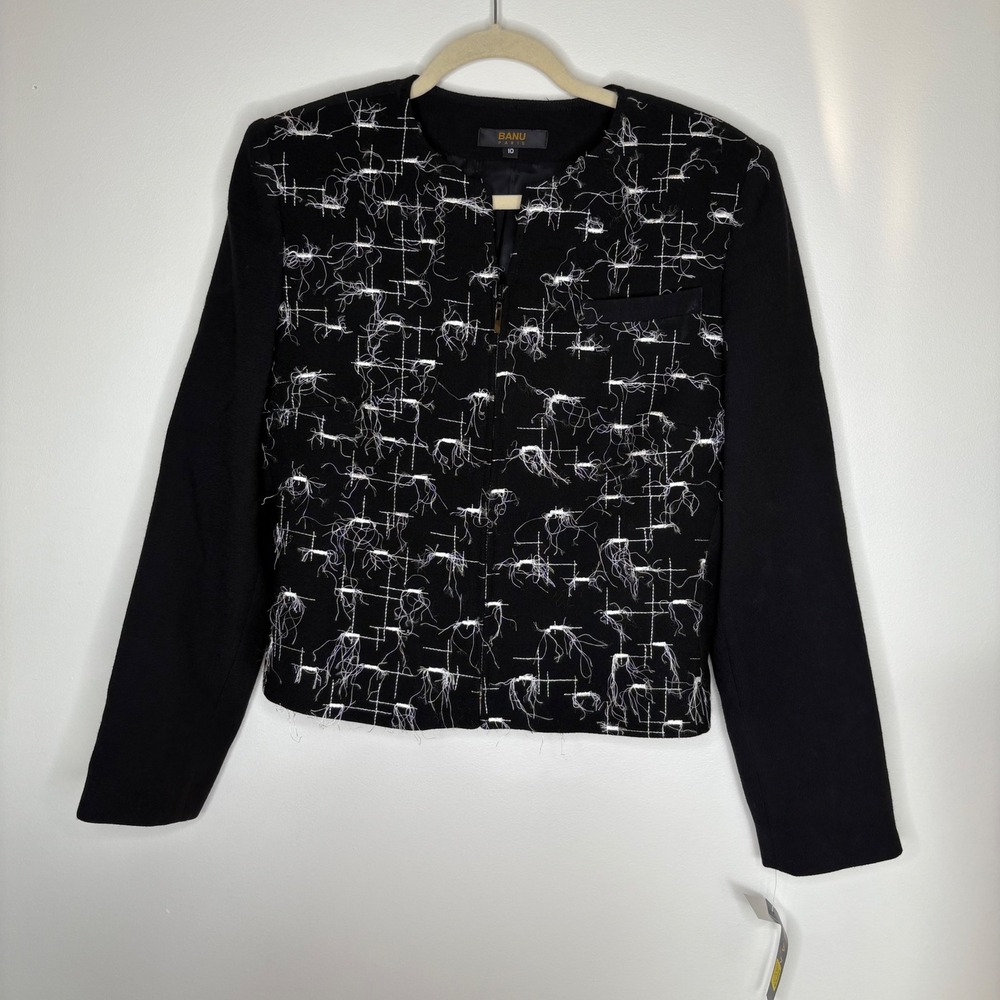 Banu Paris Wool Blazer Jacket Textured Zip Front  Black White Sz 10 New with Tag